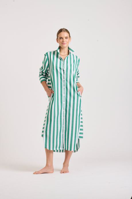 The Andrea Shirtdress - Green Wide Stripe