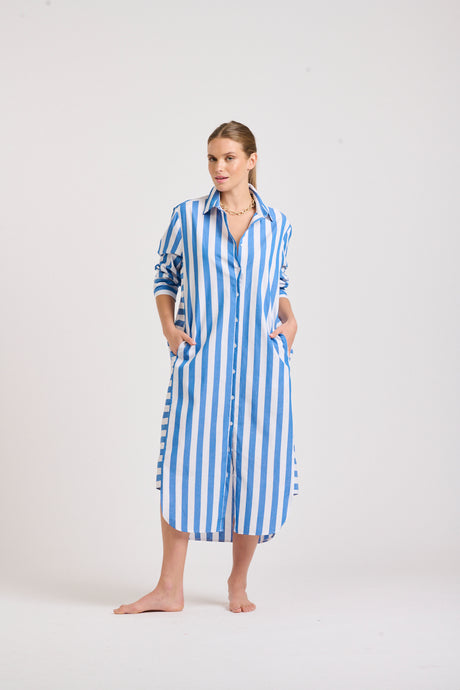 The Andrea Shirtdress - Mid Blue Wide Stripe