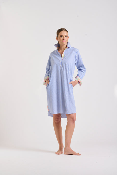 The Popover Shirtdress - Mid Blue Stripe/Floral Trim