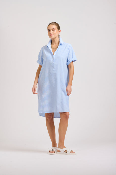 The Katie Short Sleeve Popover Shirtdress - Mid Blue Stripe