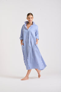 The Luna Long Shirt Dress -Blue/White Stripe