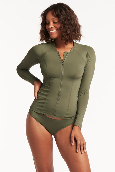 Long Sleeve Rash Vest - Full Zipper - Khaki