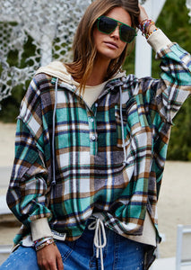 Vintage Flannel Check Hooded Sweat - Natural/Green