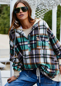 Vintage Flannel Check Hooded Sweat - Natural/Green