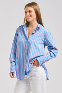 The Elodie Girlfriend Shirt - Blue Pink Stripe