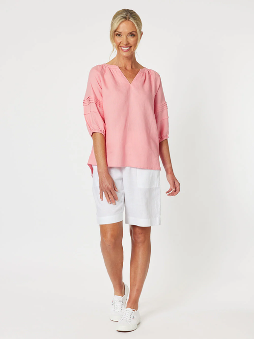 Diana Linen Pleat Sleeve Top - Coral