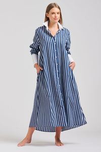 The Leah Oversized Longline Shirtdress - Blue Combo Stripe