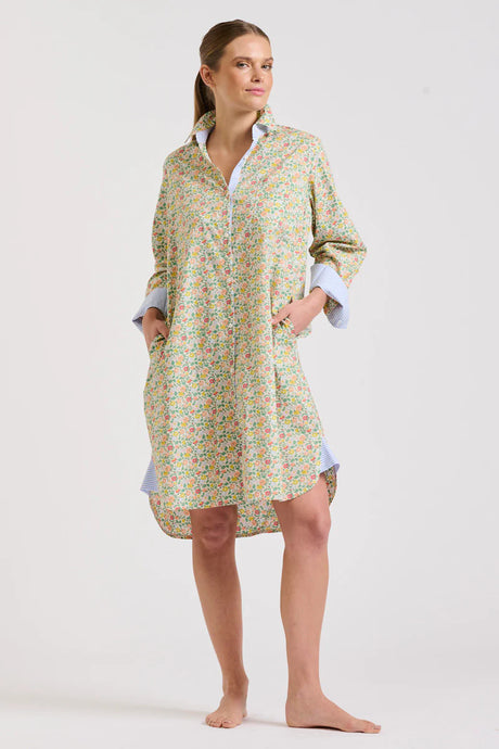 The Classic Shirtdress - Floral/Blue Stripe Trim