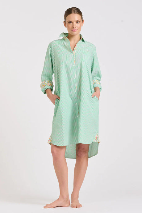 The Classic Shirtdress - Green Stripe/Floral Trim