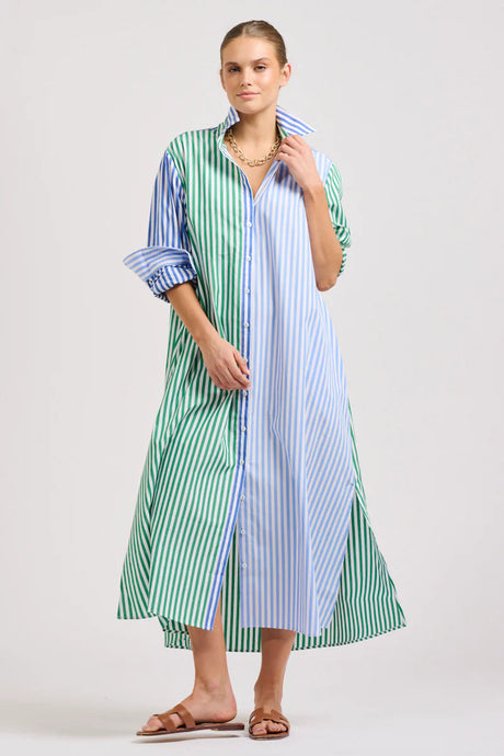 The Luna Oversized Long Shirtdress - Blue/Green Stripe