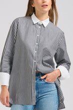 Load image into Gallery viewer, The Lady Banker Relaxed Girlfriend Shirt - Midnight Wide Stripe