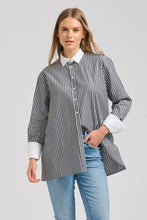 Load image into Gallery viewer, The Lady Banker Relaxed Girlfriend Shirt - Midnight Wide Stripe