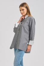 Load image into Gallery viewer, The Lady Banker Relaxed Girlfriend Shirt - Midnight Wide Stripe