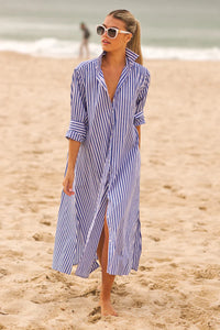 The Luna Oversized Long Shirtdress - Blue/White Stripe